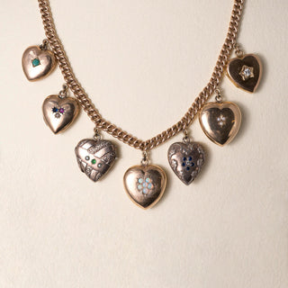 Victorian 14K Gold Heart Lockets with Gemstones Dangle Chain Necklace