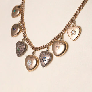 Victorian 14K Gold Heart Lockets with Gemstones Dangle Chain Necklace