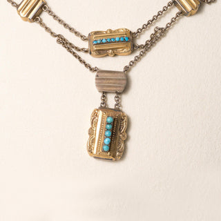 Antique Victorian 16K Gold Turquoise Double Chain Row Dangle Necklace