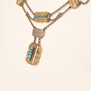 Antique Victorian 16K Gold Turquoise Double Chain Row Dangle Necklace