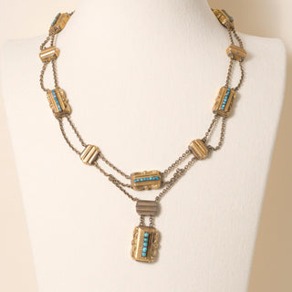 Antique Victorian 16K Gold Turquoise Double Chain Row Dangle Necklace