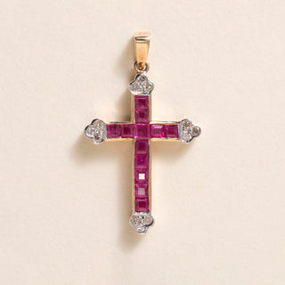 Vintage Ruby and Diamond Cross Pendant 14K Two Tone Gold