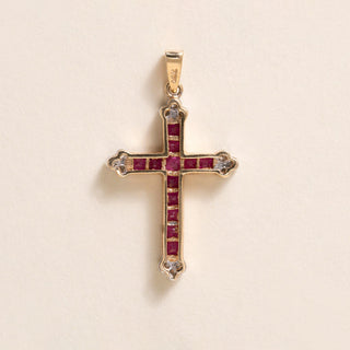 Vintage Ruby and Diamond Cross Pendant 14K Two Tone Gold