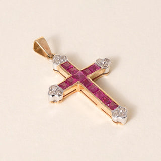 Vintage Ruby and Diamond Cross Pendant 14K Two Tone Gold
