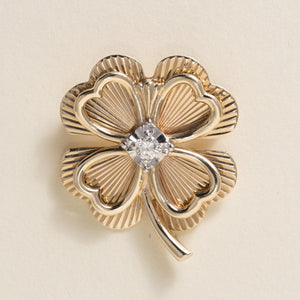Vintage 14K Gold Lucky Clover Diamond Fluted Brooch