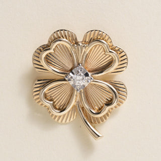 Vintage 14K Gold Lucky Clover Diamond Fluted Brooch