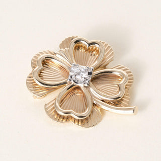 Vintage 14K Gold Lucky Clover Diamond Fluted Brooch