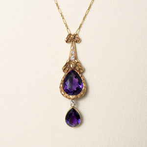 Antique 14K Gold 10 Carats Amethyst and Diamond Tear Drop Necklace