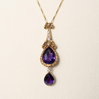 Antique 14K Gold 10 Carats Amethyst and Diamond Tear Drop Necklace