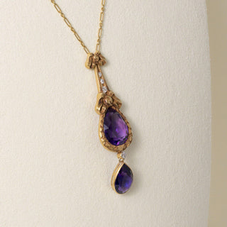 Antique 14K Gold 10 Carats Amethyst and Diamond Tear Drop Necklace