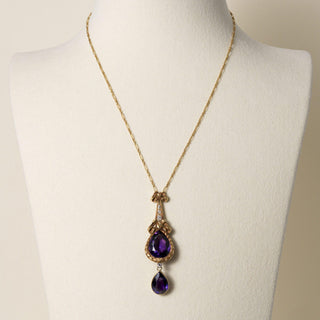 Antique 14K Gold 10 Carats Amethyst and Diamond Tear Drop Necklace