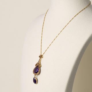 Antique 14K Gold 10 Carats Amethyst and Diamond Tear Drop Necklace