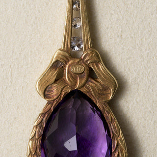 Antique 14K Gold 10 Carats Amethyst and Diamond Tear Drop Necklace
