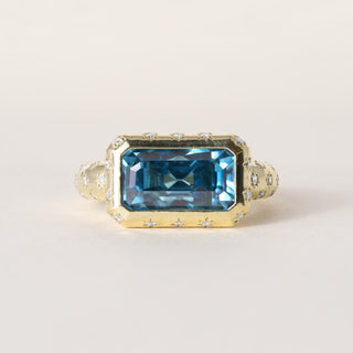 18K Gold 5.20 Carat Elongated Blue Zircon Emerald and Diamond Bezel Ring