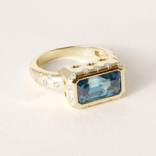 18K Gold 5.20 Carat Elongated Blue Zircon Emerald and Diamond Bezel Ring