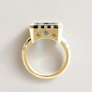 18K Gold 5.20 Carat Elongated Blue Zircon Emerald and Diamond Bezel Ring