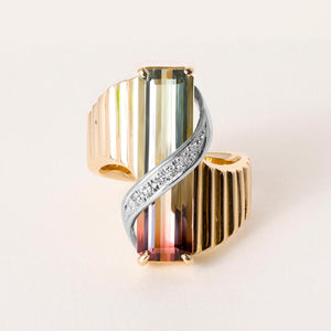 Vintage 18K/ Plat Gold Watermelon Tourmaline and Diamond Ring