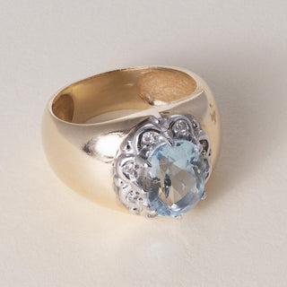 Vintage 14K Gold 2.50 Carat Aquamarine Oval and Diamond Wide Band Ring