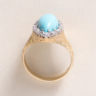 Vintage Italian 18K Gold Turquoise Cabochon and Diamond Navette Ring