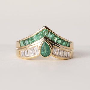 18K Gold Emerald Pear Shape and Diamond Channel Set Ring Band
