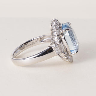 Vintage 1970s 6.47ct Oval Aquamarine 1.22ct Diamond Halo Baguette Ring Platinum