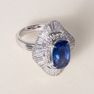 Vintage Plat 4.19 Carat Elongated Oval Sapphire and Diamond Ballerina Ring GIA