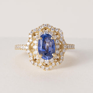 18K Gold 2.01 Carat Sapphire Oval and Diamond Floral Halo Ring