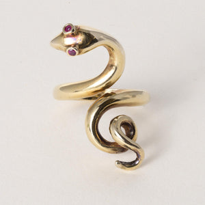 Vintage 18K Gold Coiled Serpent with Ruby Eyes Ring