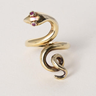 Vintage 18K Gold Coiled Serpent with Ruby Eyes Ring