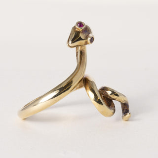Vintage 18K Gold Coiled Serpent with Ruby Eyes Ring