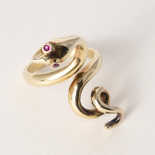 Vintage 18K Gold Coiled Serpent with Ruby Eyes Ring