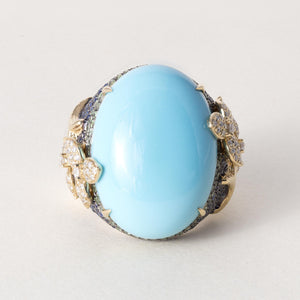 18K Gold 21.17 Carat Turquoise Oval Sapphire and Diamond Floral Ring