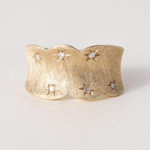 Vintage 18K Gold Wave Starburst Diamond Cigar Ring Band