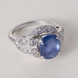 Antique 1920s GIA 3CT No-Heat Blue Sapphire Oval Art Deco Diamond Ring