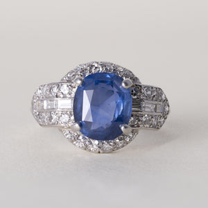 Antique 1920s GIA 3CT No-Heat Blue Sapphire Oval Art Deco Diamond Ring