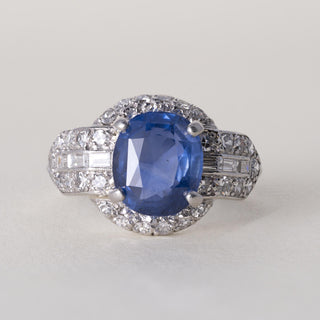 Antique 1920s GIA 3CT No-Heat Blue Sapphire Oval Art Deco Diamond Ring