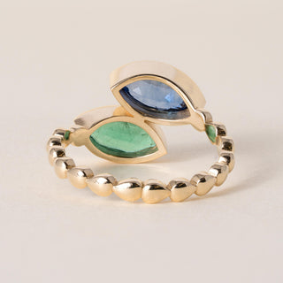 18K Gold 1.55 Carat Sapphire and 0.98 Carat Emerald Toi et Moi Marquise Ring