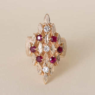 Vintage 14K Gold 1 Carat Ruby and Diamond Brutalist Navette Cocktail Ring