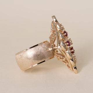 Vintage 14K Gold 1 Carat Ruby and Diamond Brutalist Navette Cocktail Ring