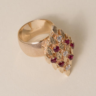 Vintage 14K Gold 1 Carat Ruby and Diamond Brutalist Navette Cocktail Ring