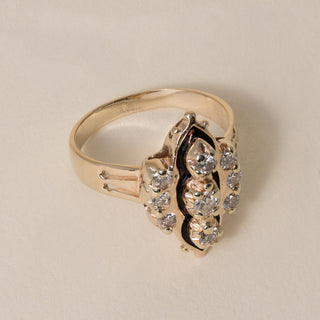 Vintage 14K Gold Diamond and Black Enamel Navette Ring