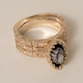 Vintage 14K Gold Marquise Diamond Black Enamel Chunky Navette Ring