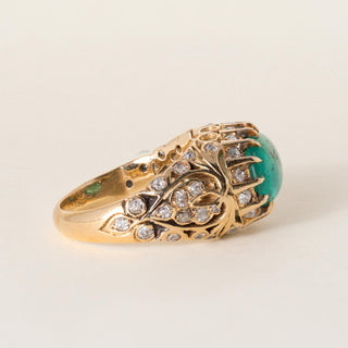 Vintage 18K Gold 3 Carat Colombian Emerald Cabochon and Diamond Ring