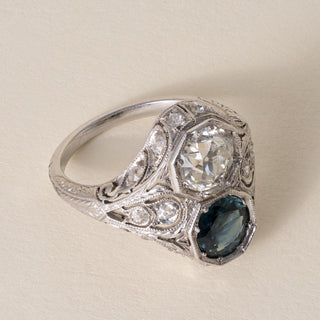 J.E Caldwell Sapphire & 1.10ct Old European Cut Diamond Art Deco Platinum Ring