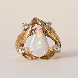 Brutalist 4 Carat Australian Opal Pear Shape and Diamond 18K Gold Ring