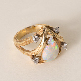 Brutalist 4 Carat Australian Opal Pear Shape and Diamond 18K Gold Ring