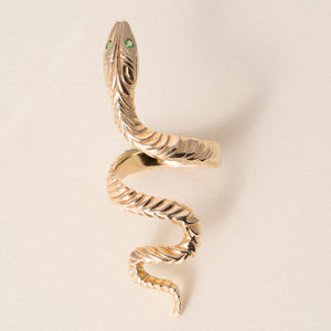 Vintage 14K Serpent Long Ring with Emerald Eyes