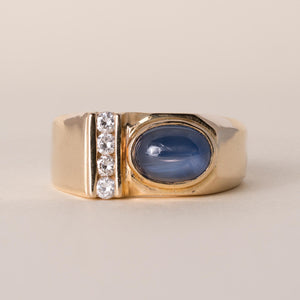 Estate 14K Gold 1 Carat Blue Sapphire Cabochon Bezel and Diamond Ring Band