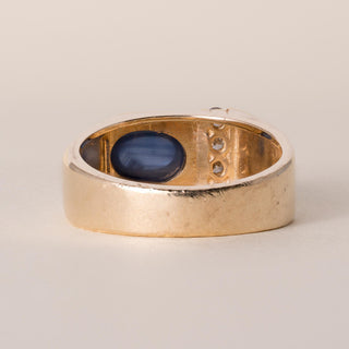 Estate 14K Gold 1 Carat Blue Sapphire Cabochon Bezel and Diamond Ring Band
