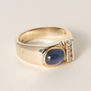 Estate 14K Gold 1 Carat Blue Sapphire Cabochon Bezel and Diamond Ring Band